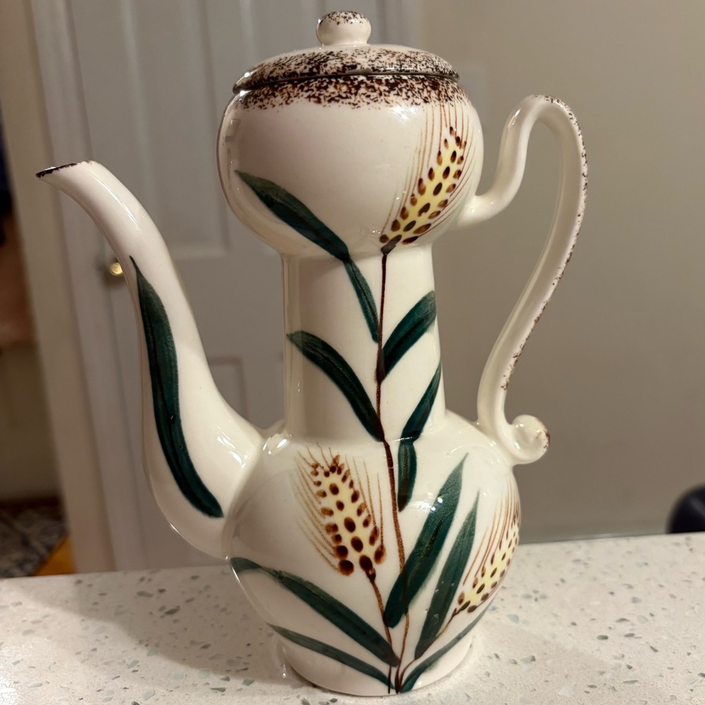 Elegant Mid Century Modern Ceramic Teapot with Wheat Stock Design